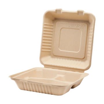Karat Earth 9''x9'' PFAS Free Compostable Bagasse Hinged Containers, Natural, 3 Compartments - 200 ct