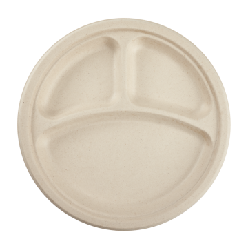 Karat Earth 10'' Compostable Bagasse Round Plates, Natural - 3 Compartments - 500 ct 
