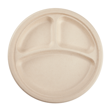 Karat Earth 10'' PFAS Free Compostable Bagasse Round Plates, Natural, 3 Compartments - 500 ct