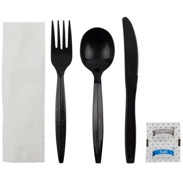 Karat PP Plastic Medium-Heavy Weight Cutlery Kits with Salt and Pepper - Black - 250 ct